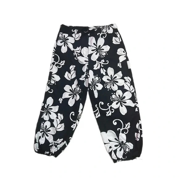 Y2K Black and White Hibiscus Beachy Beach Floral Pants Capri - Picture 1 of 7